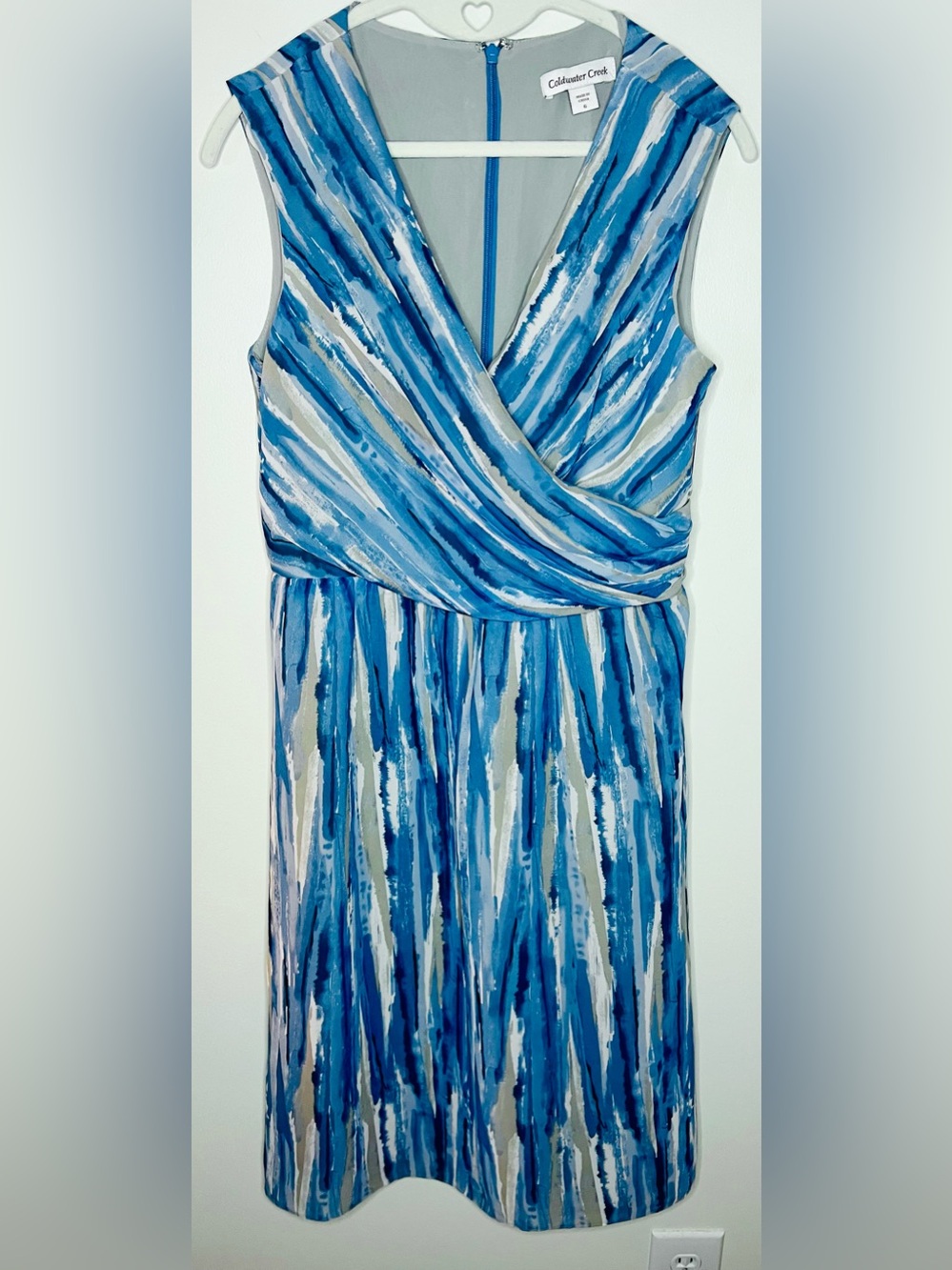 Coldwater Creek Blue Watercolor Faux Wrap Sheath Dress Size 6